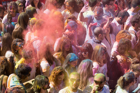 BARCELONA, SPAIN - APRIL 12, 2015: People at  Festival de los colores Holi in Barcelona. Holi is traditional holiday of Indiaのeditorial素材