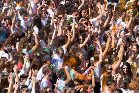 BARCELONA, SPAIN - APRIL 12, 2015: People at  Festival de los colores Holi in Barcelona. Holi is traditional holiday of Indiaのeditorial素材
