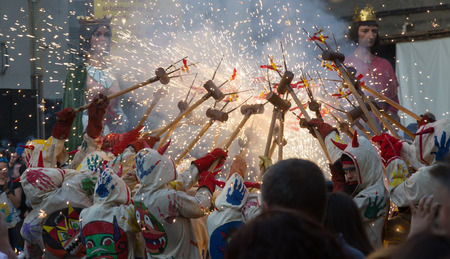 BADALONA, SPAIN - MAY 10, 2014: Night of Saint Anastasi. Show with different fireworks on the town square at Badalonaのeditorial素材