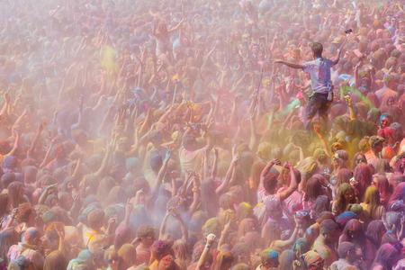 BARCELONA, SPAIN - APRIL 12, 2015: Happy people at Festival Holi in Barcelona. It is traditional holiday of Indian cultureのeditorial素材