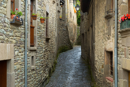 Narrow picturesque street of old Catalan town.  Rupit i Pruit, Catalonia