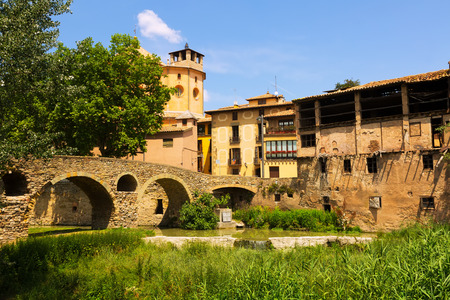 Ancient stone bridge Cathedral in Vic. Cataloniaの写真素材