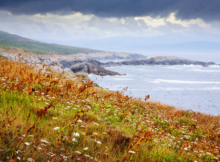 Autumn stone beach at ocean  coast  in tranquil grey day. Galiciaの写真素材