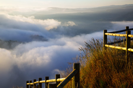 Fog over  mountains in summer sunset.  Galicia, Spain