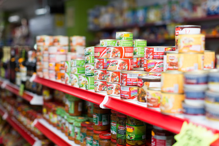 BARCELONA, SPAIN - MARCH 22, 2015: Canned goods at groceries section of average Polish supermarketのeditorial素材