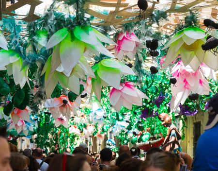 BARCELONA, SPAIN - AUGUST 16, 2015:   Major de Gracia Festival  in Barcelona, Spain.Decorated streets of Gracia district.  Floral themeのeditorial素材