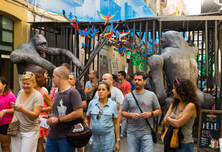 BARCELONA, SPAIN - AUGUST 16, 2015:  Gracia Festival  in Barcelona, Catalonia.Decorated streets of Gracia district. Zoo themeのeditorial素材