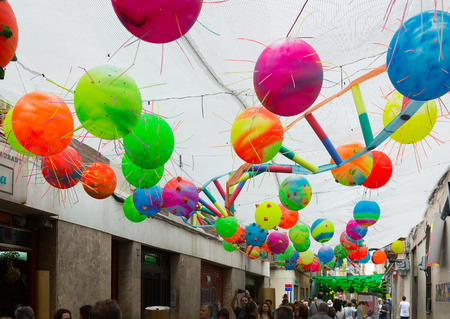 BARCELONA, SPAIN - AUGUST 16, 2015:   Gracia Festival Decorations in Barcelona, Spain.
Each street is decorated with hand residents of streetのeditorial素材