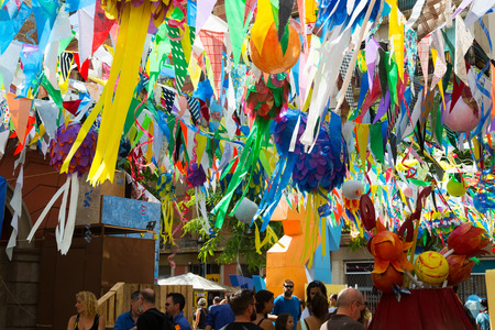 BARCELONA, SPAIN - AUGUST 16, 2015:   Major de Gracia Festival  in Barcelona, Spain.Decorated streets of Gracia districtのeditorial素材