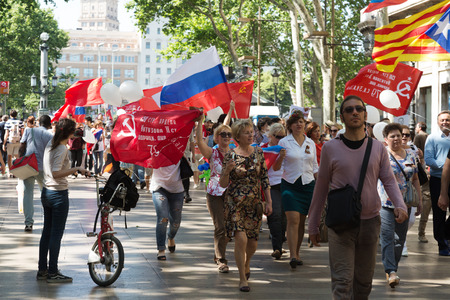 SPAIN, BARCELONA - MAY 9, 2015: Ceremonial parade dedicated to the 70th Anniversary of victory from  World War II event in Barcelona, Spainのeditorial素材