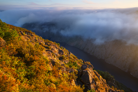 Misty dawn over  mountains and river Sil.  Galicia, Spainの写真素材