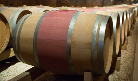 Interior of contemporary winery with   wooden barrelsの写真素材