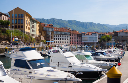 LLANES, SPAIN - JULY 3, 2015: Day view of yachts lying at Llanes, Spainのeditorial素材