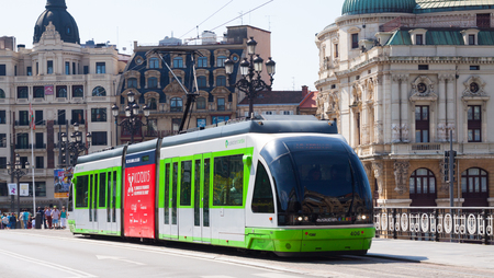 BILBAO, SPAIN - JULY 4, 2015: Ordinary tram on street of city, Bilbaoのeditorial素材