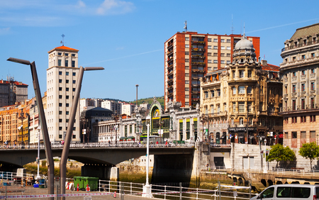 BILBAO, SPAIN - JULY 4, 2015:    Railway station at embankment of   river. Bilbao, Spainのeditorial素材