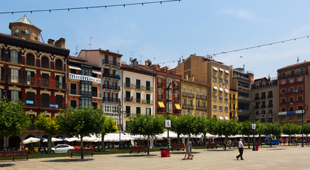 PAMPLONA, SPAIN - JULY 5, 2015:   View of   Castillo  square (Plaza del Castillo) in Pamplona, Navarre.のeditorial素材