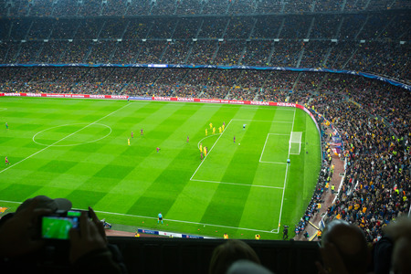BARCELONA, SPAIN - NOVEMBER 04, 2015: Above view at field and audience during football game between FC Barcelona and FC BATE Borisov (Belarusian) on Nou Camp stadium.のeditorial素材