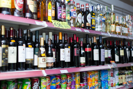 BARCELONA, SPAIN - MARCH 22, 2015: Shelves at beverage section of average Polish supermarketのeditorial素材