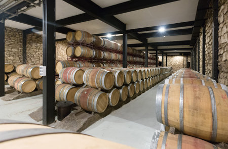Rows of  wooden barrels in  winery factory