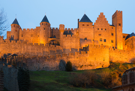 Medieval Castle at Carcassonne in twilight.  Franceのeditorial素材