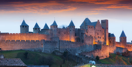 Castle in evening time.  Carcassonne, Franceのeditorial素材