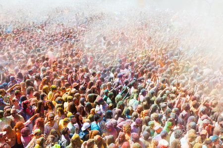 BARCELONA, SPAIN - APRIL 12, 2015: Many dirty people at Festival de los colores Holi at Barcelona. It is traditional holiday  of Indian cultureのeditorial素材