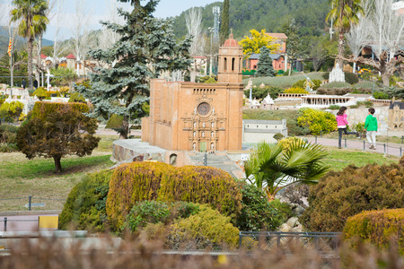 BARCELONA, SPAIN - JANUARY 31, 2016: Sunny view at building models exhibitions in miniature park Catalunya en Miniatura, Cataloniaのeditorial素材