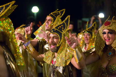 SITGES,  SPAIN - FEBRUARY 10, 2016:  Procession of Spanish Carnaval at Sitges in evening time. Catalonia, Spainのeditorial素材