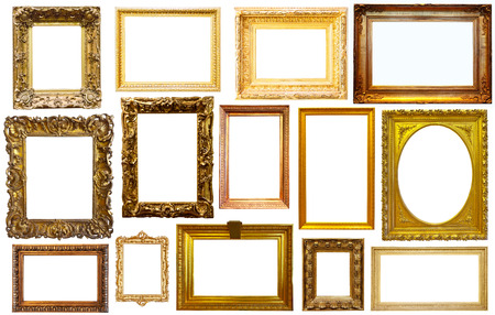 Set of isolated art empty frames in golden and silvery colorの写真素材