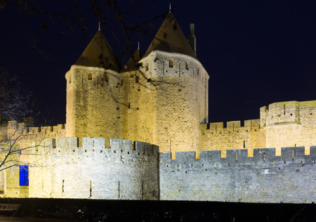 castle and fortified city in night.  Carcassonne, Franceのeditorial素材