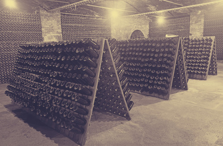 Sparkling wine glass  bottles fermenting  in winery cellarの写真素材