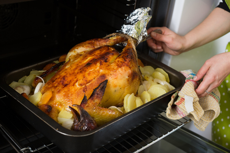 Large capon with baked potato cooked in domestic kitchenの写真素材