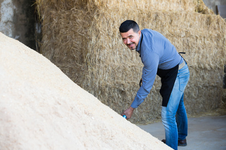 Positive man standing with metallic spade in hay hangarの写真素材