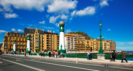 SAN SEBASTIAN, SPAIN - APRIL 21, 2016:  Day view of   Kursaal  bridge  over Urumea and embankment. Sant Sebastian - Donostia, Spainのeditorial素材