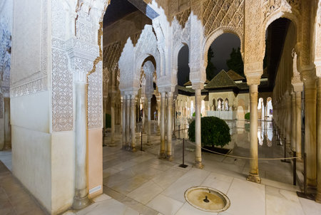 Court of the Lions,  example of Islamic Moorish architecture at Alhambra in night.  Granada,  Spainのeditorial素材