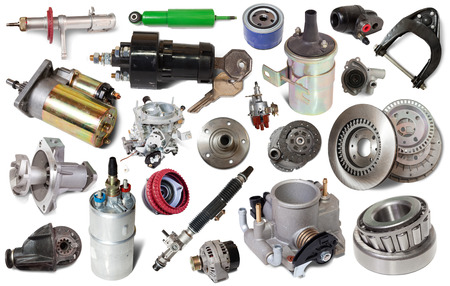 big collection of mechanical auto parts for maintenance isolated on white backgroundの写真素材