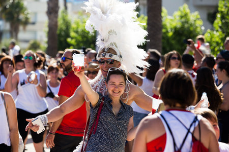 SITGES, SPAIN  JUNE 19, 2016: happy festive people on Pride parade in Sitges, Cataloniaのeditorial素材