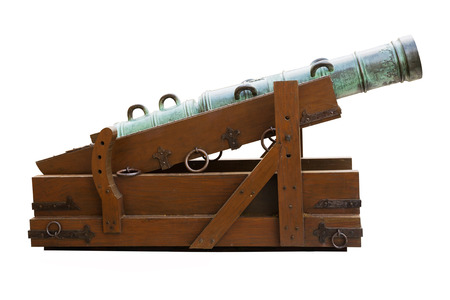 Old-fashioned heavy iron cannon isolated on  white backgroundの写真素材