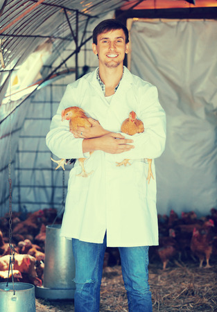 Smiling man veterinarian in white coat holding brown chickens in hands on farmの写真素材
