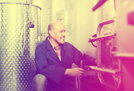 Happy mature worker man standing in wine processing section on winery