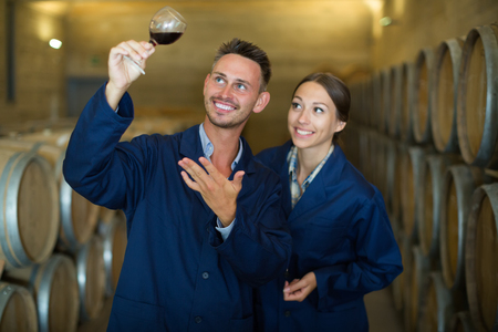 Two smiling winery professionals in uniform holding glass wine in big cellarの写真素材