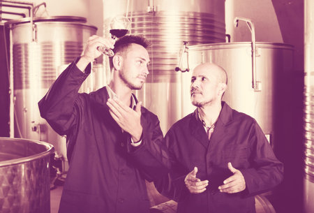 two glad winery male workers in uniform looking at wine sample in glass on factoryの写真素材