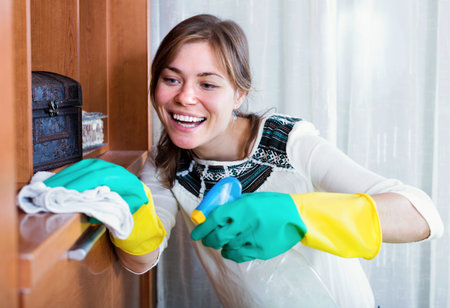 Young woman doing regular clean-up and smiling indoors
