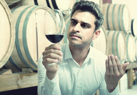 positive adult man having sauvignon tasting in cellar with woodsの写真素材
