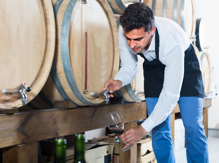 happy  male seller in apron taking wine from wood into glass in cellarの写真素材