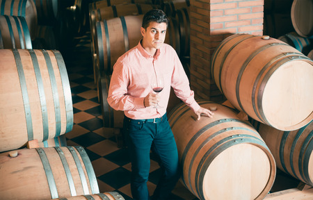 Handsome brunet man posing among wooden barrels in winery cellarの写真素材