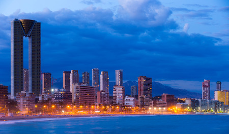 night panoramic view on lights of Benidorm city with seafront and modern skyscrapersのeditorial素材