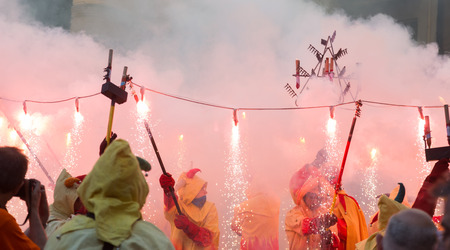 BADALONA, SPAIN - MAY 10, 2014: Night of Saint Anastasi. Show with different fireworks on the  square at Badalonaのeditorial素材