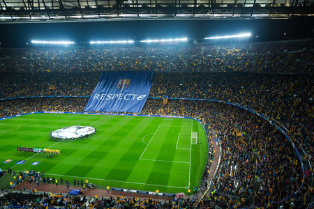 BARCELONA, SPAIN - NOVEMBER 04, 2015: Above view at field and audience during football game between FC Barcelona and FC BATE Borisov (Belarusian) on Nou Camp stadium.のeditorial素材