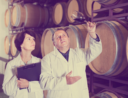 positive american  worker of winery holds glass of red wine in hand and shows him to expertの写真素材